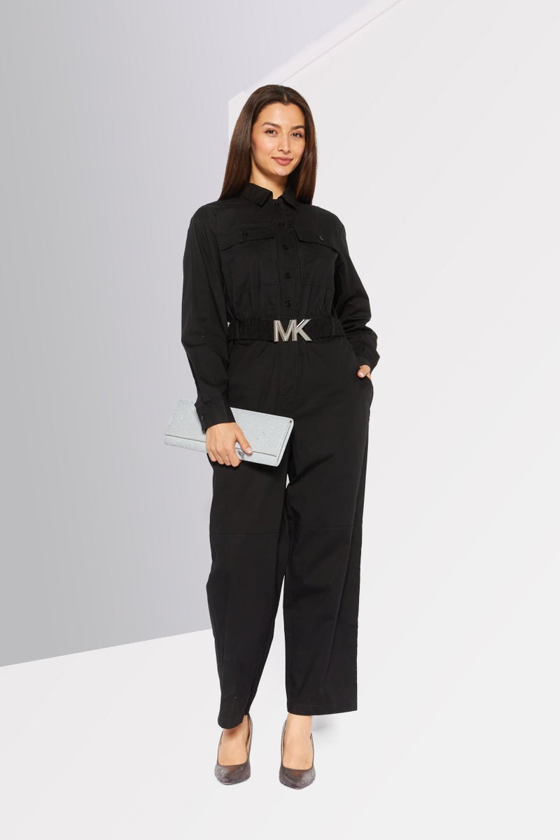 Women Plain Long Sleeve Belted Jumpsuit, Black