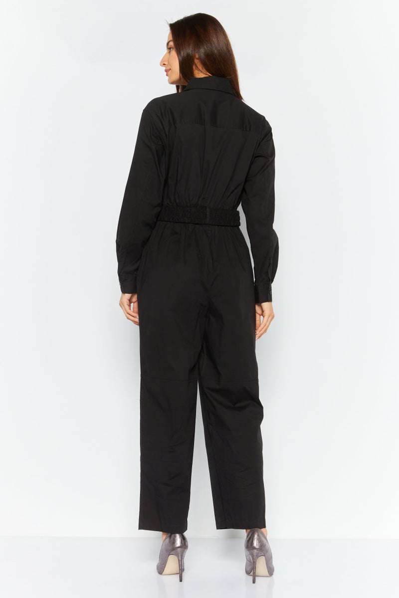 Women Plain Long Sleeve Belted Jumpsuit, Black