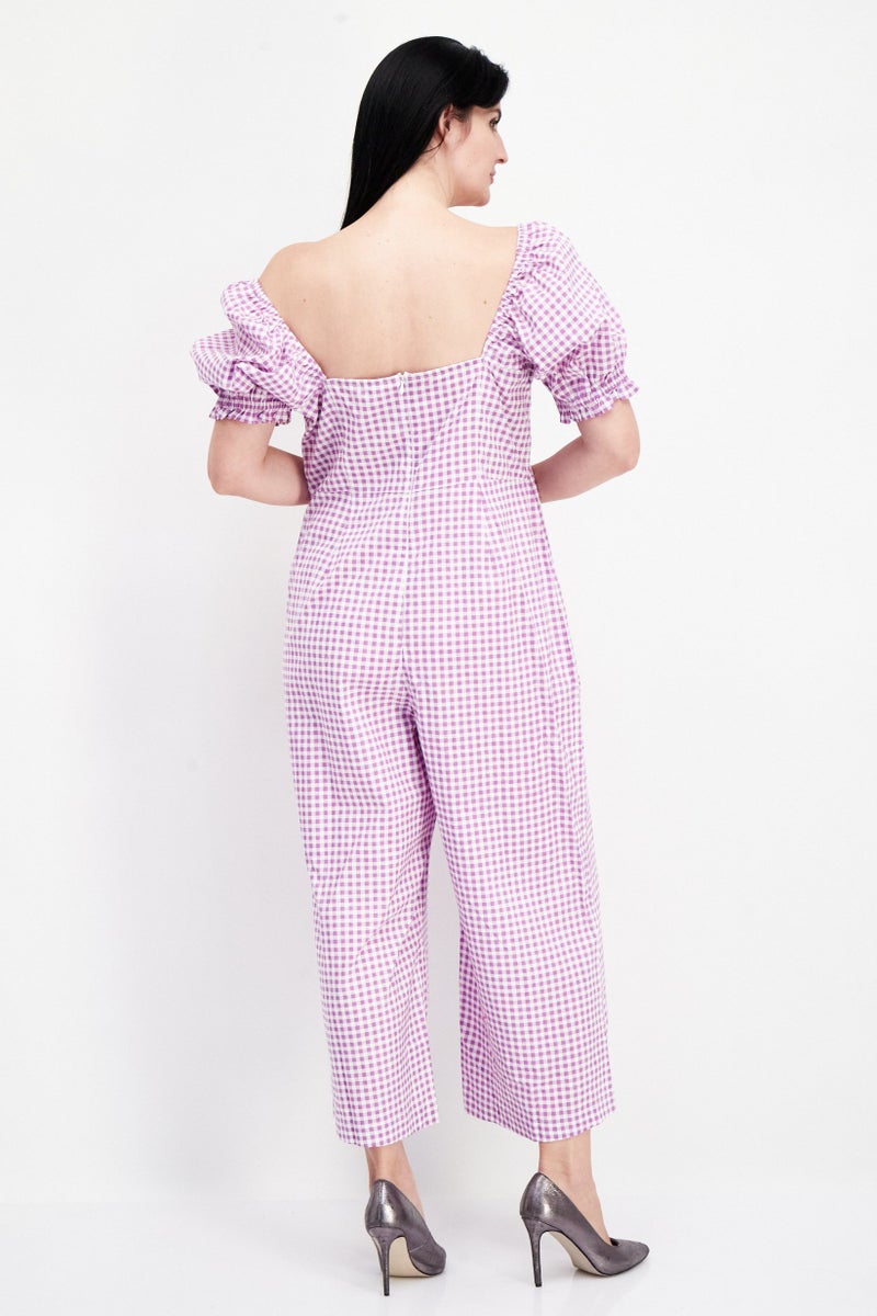Women Checkered Short Sleeve Jumpsuit, Purple
