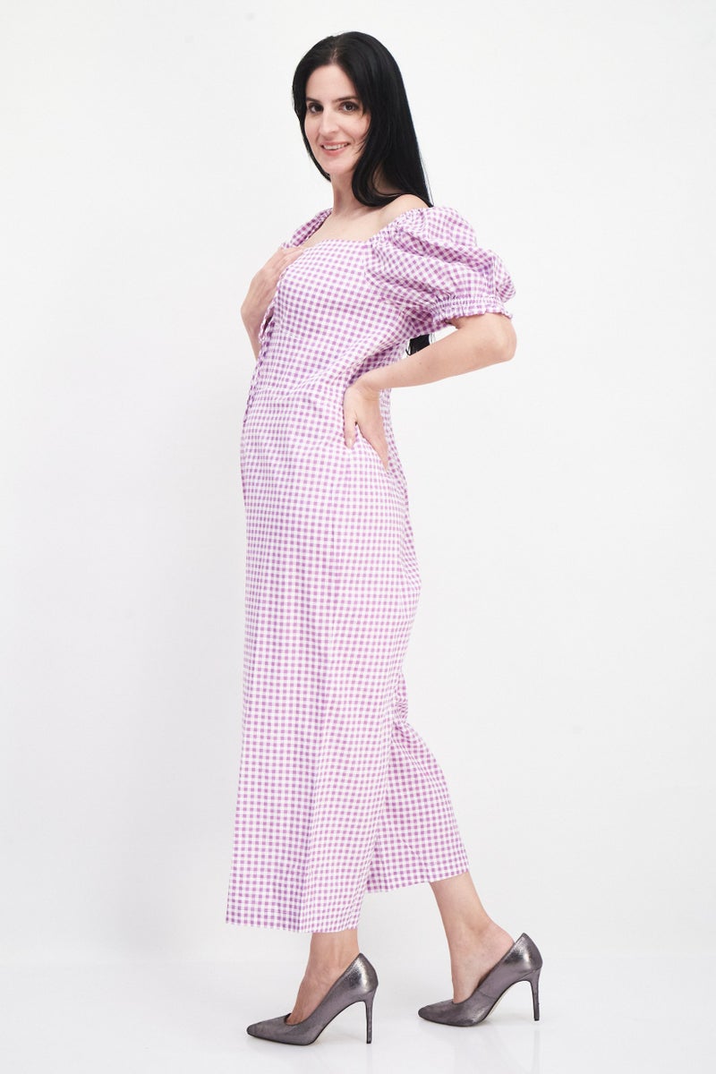 Women Checkered Short Sleeve Jumpsuit, Purple
