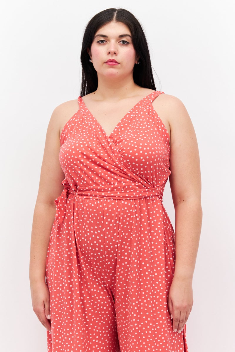 Women Plus Size Polka Dots Sleeveless Jumpsuits, Pink