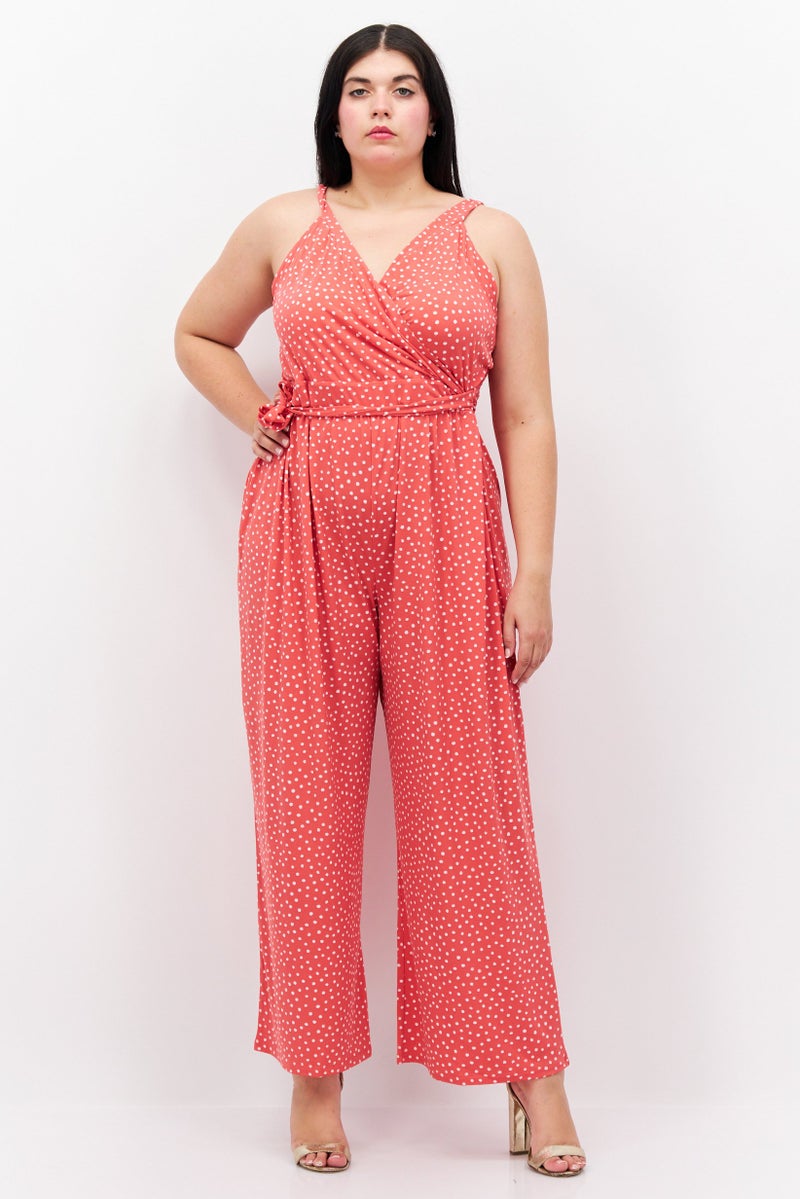 Women Plus Size Polka Dots Sleeveless Jumpsuits, Pink
