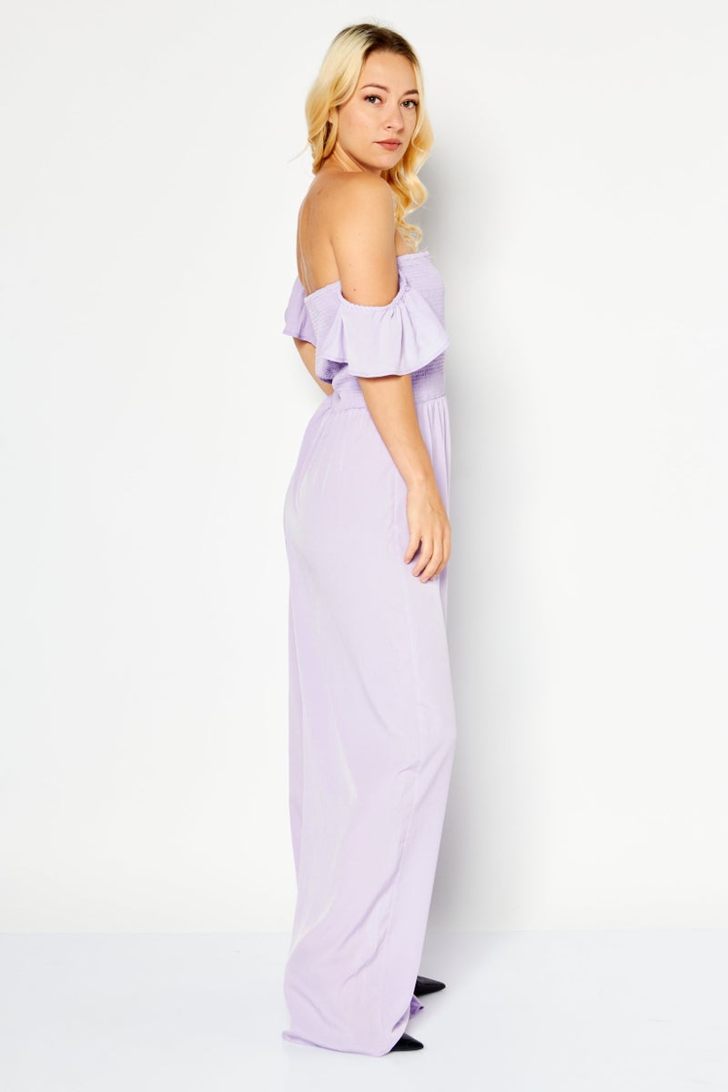 Women Off Shoulder Ruffle Sleeve Jumpsuit, Lilac