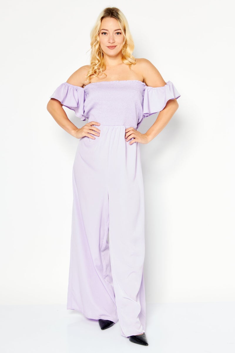 Women Off Shoulder Ruffle Sleeve Jumpsuit, Lilac
