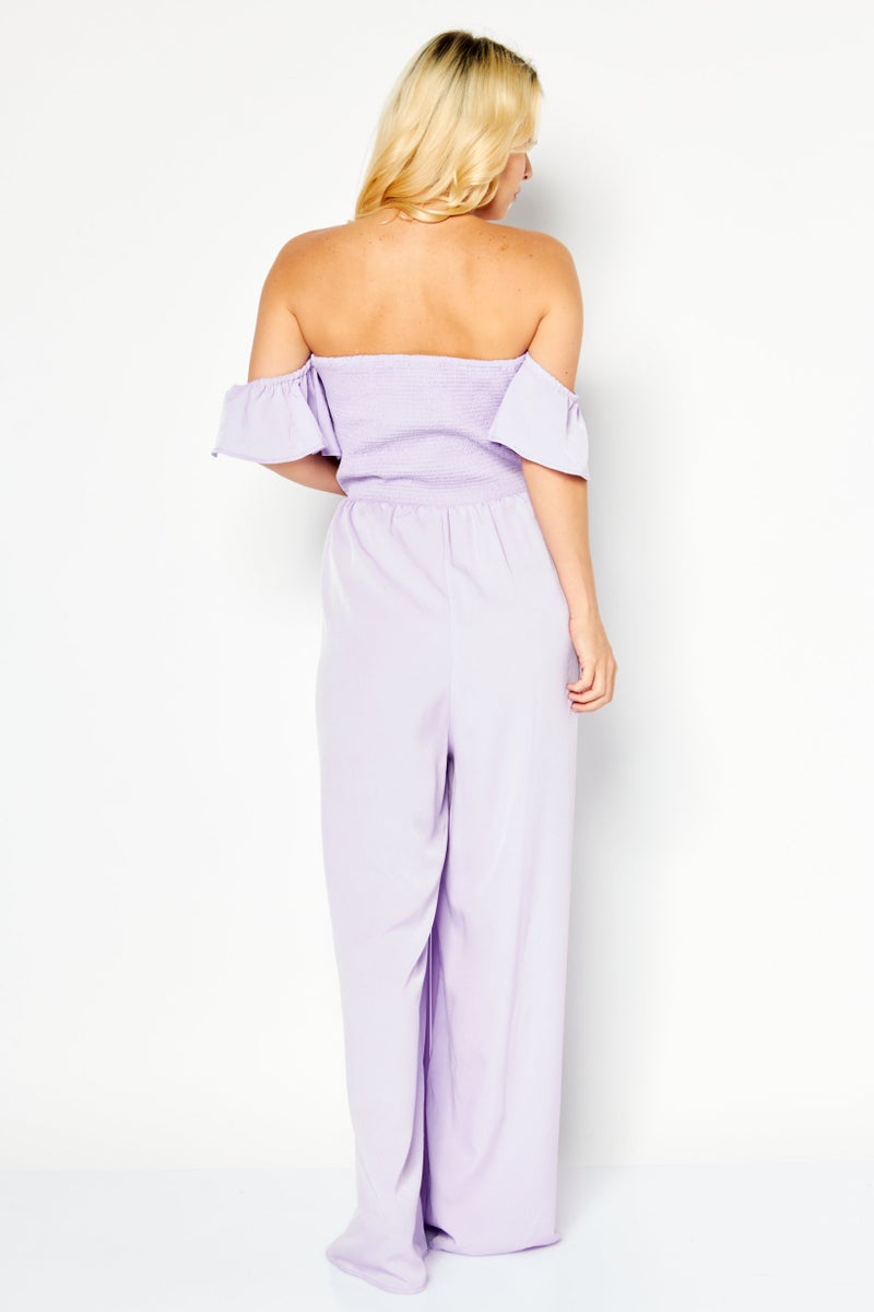 Women Off Shoulder Ruffle Sleeve Jumpsuit, Lilac