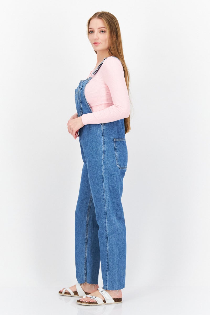 Women Sleeveless Washed Denim Jumpsuit, Blue