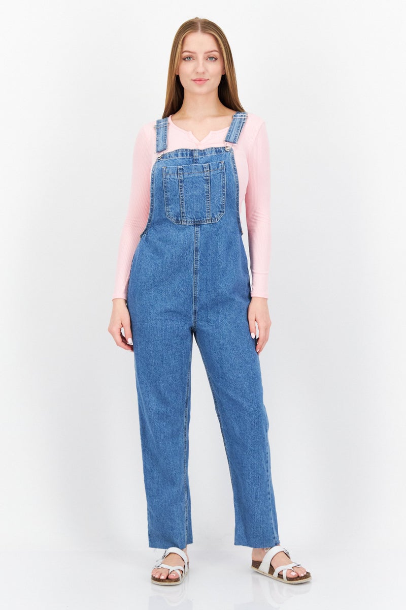 Women Sleeveless Washed Denim Jumpsuit, Blue