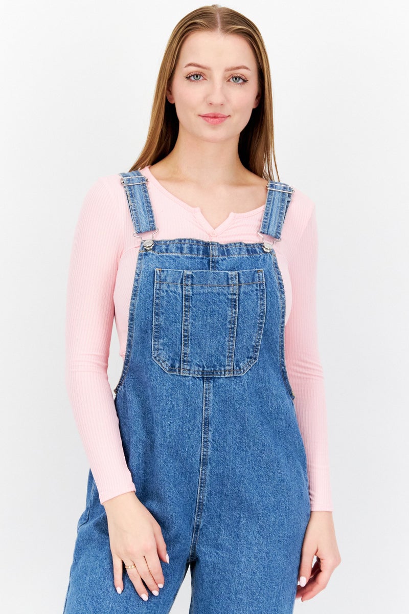 Women Sleeveless Washed Denim Jumpsuit, Blue