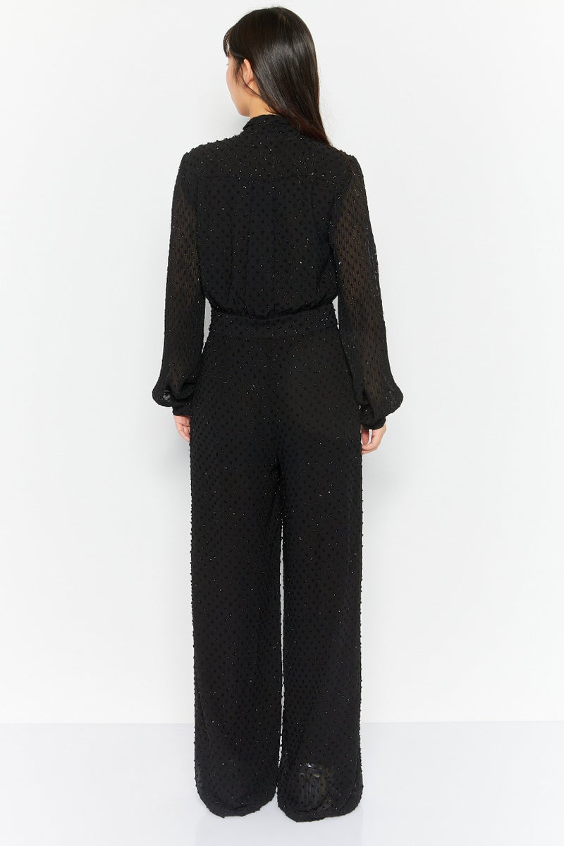 Women Textured Long Sleeve Jumpsuit, Black