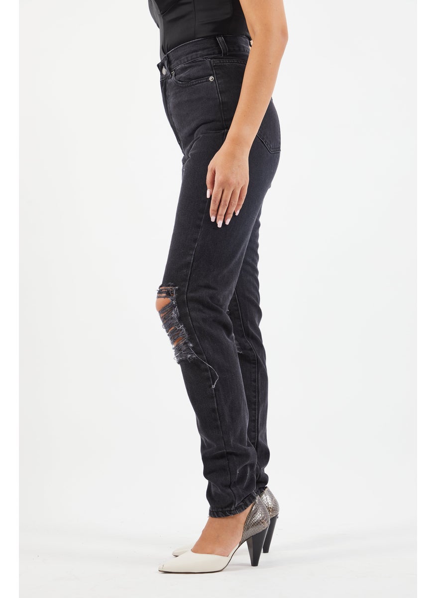 Women Regular Fit Washed Ripped Non Stretchable Jeans, Black
