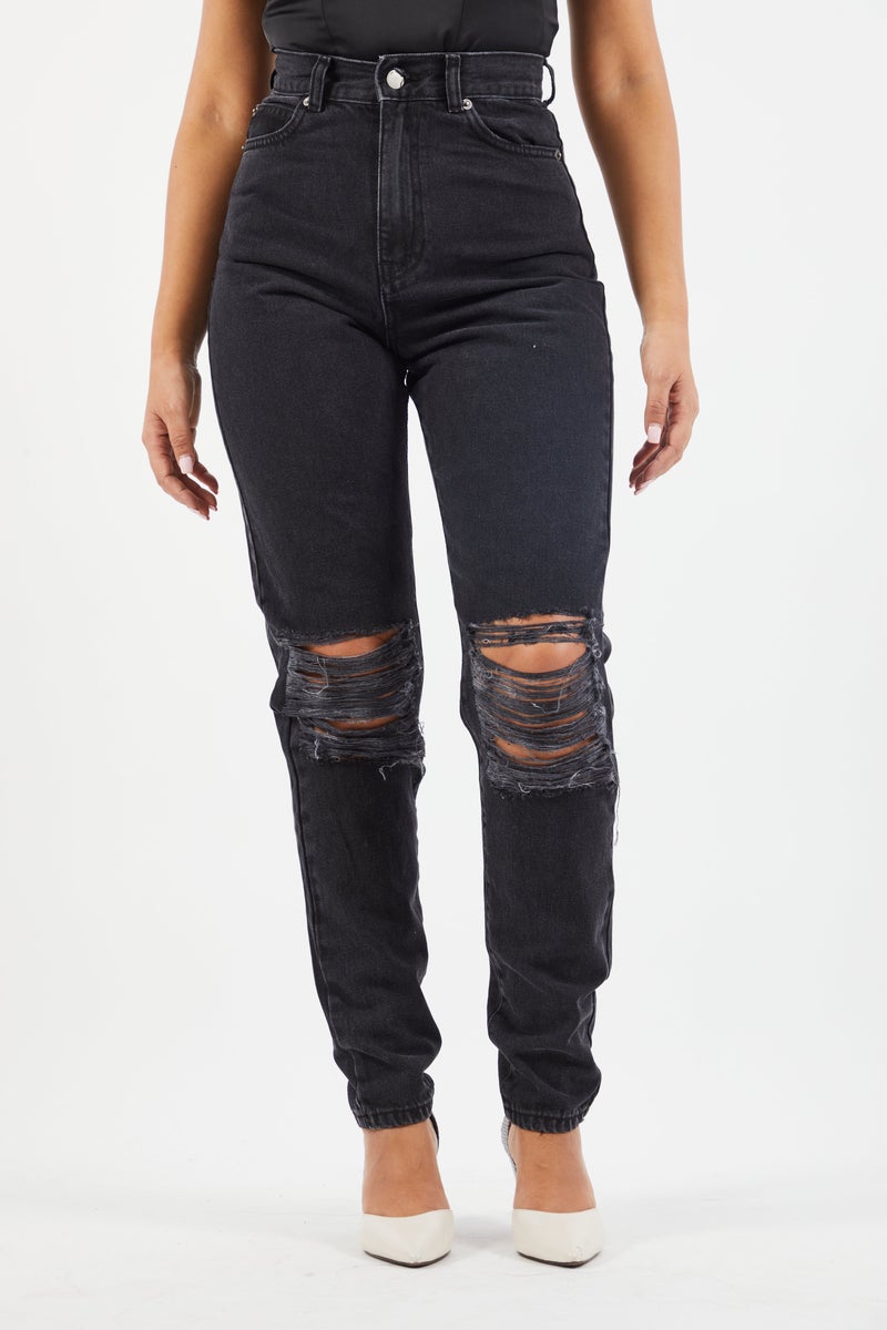 Women Regular Fit Washed Ripped Non Stretchable Jeans, Black