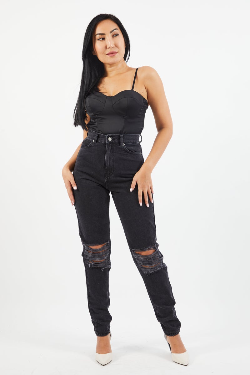 Women Regular Fit Washed Ripped Non Stretchable Jeans, Black