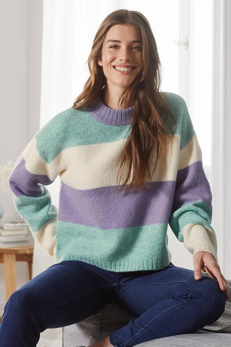 Women Crew Neck Stripe Sweater, Purple Combo
