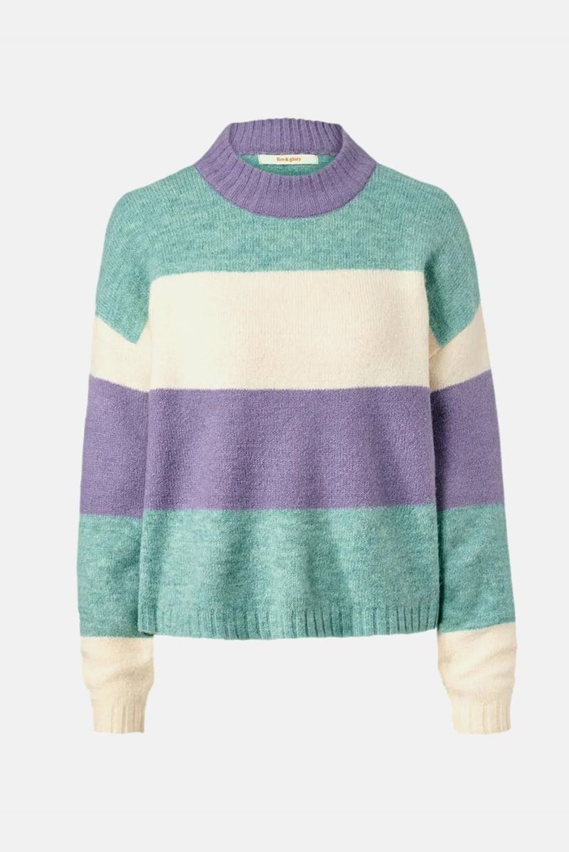 Women Crew Neck Stripe Sweater, Purple Combo