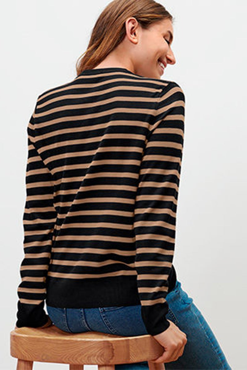 Women Round Neck Stripe Cardigan, Navy