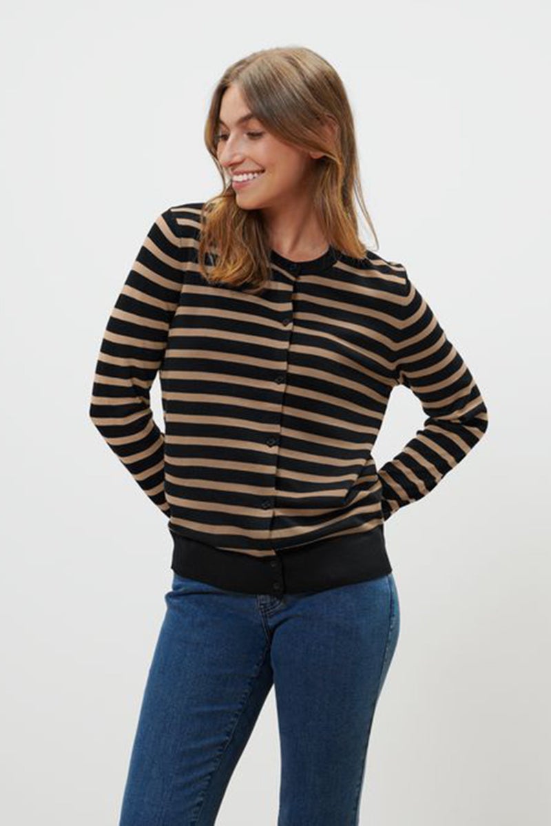 Women Round Neck Stripe Cardigan, Navy