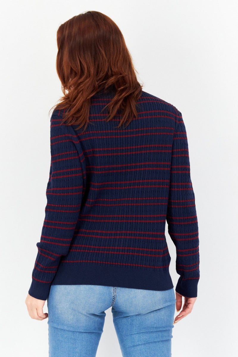 Women Crew Neck Long Sleeves Stripe Sweater, Navy