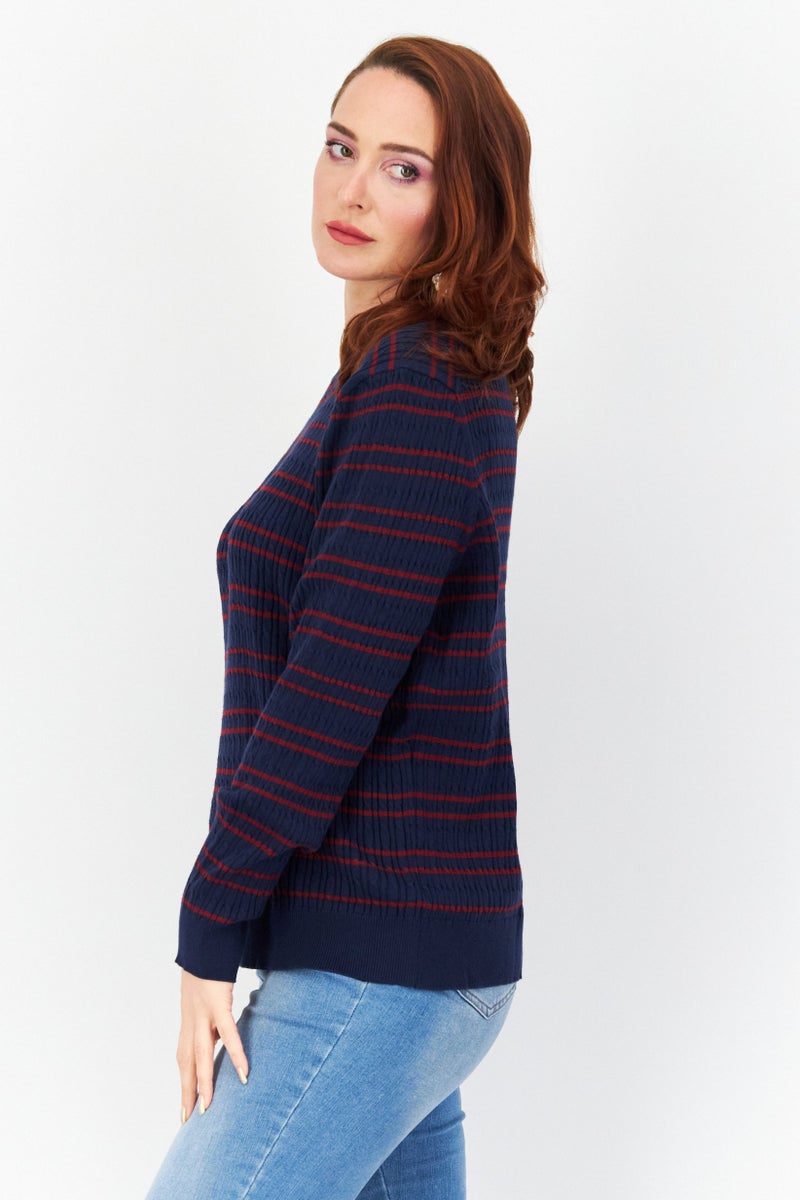 Women Crew Neck Long Sleeves Stripe Sweater, Navy