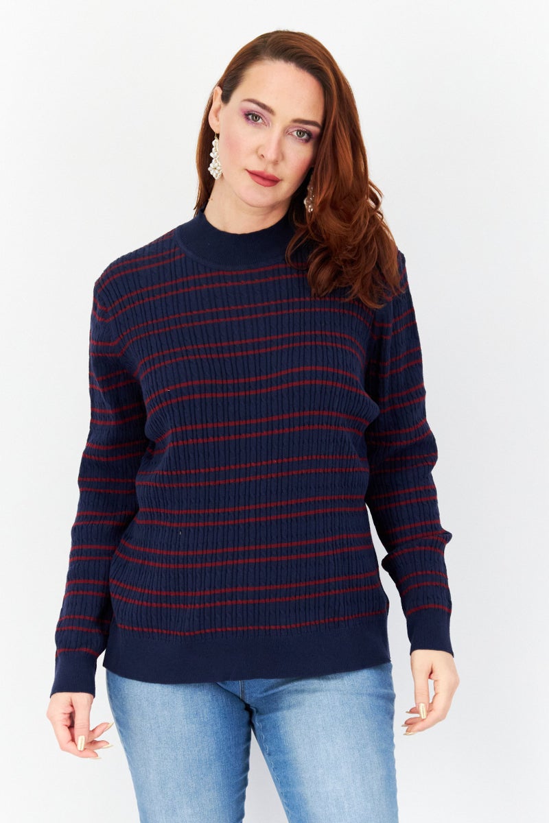 Women Crew Neck Long Sleeves Stripe Sweater, Navy