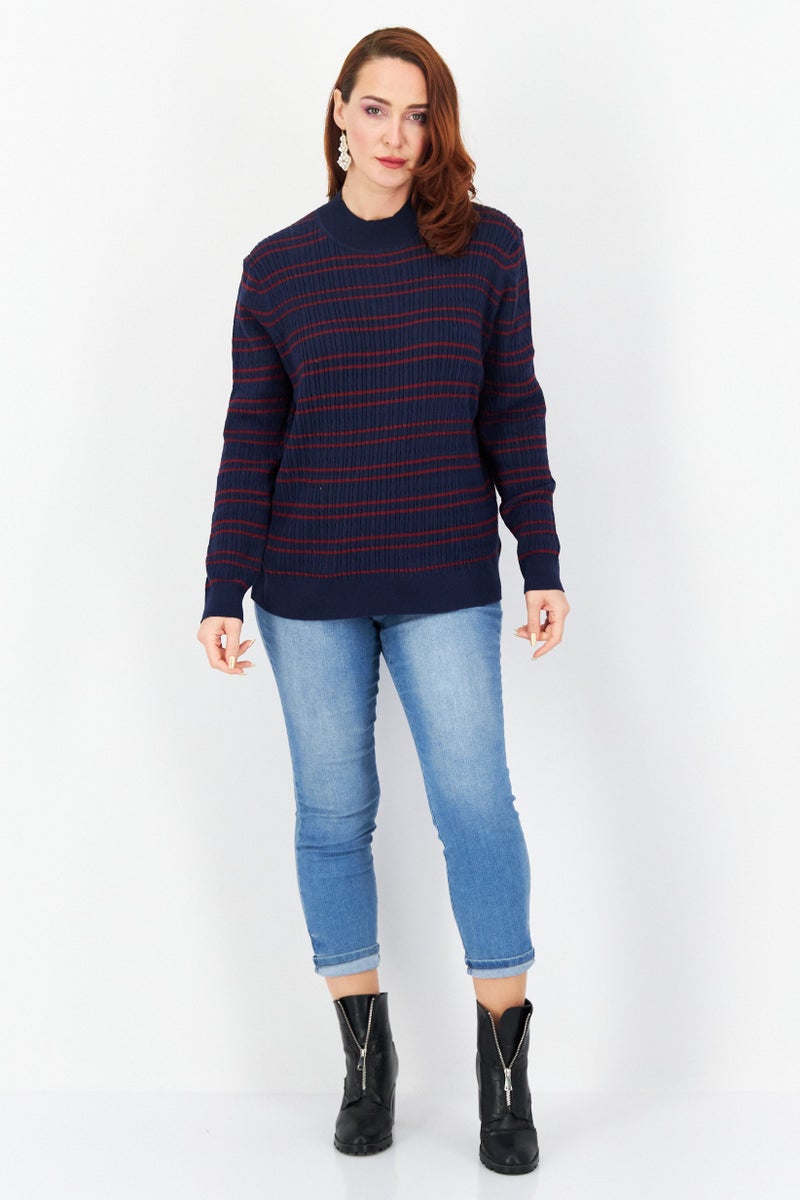 Women Crew Neck Long Sleeves Stripe Sweater, Navy