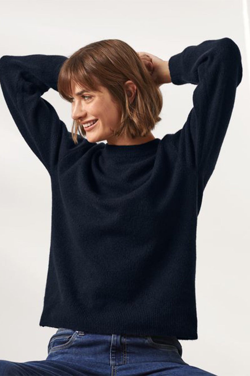 Women Round Neck Textured Fleece Sweater, Navy