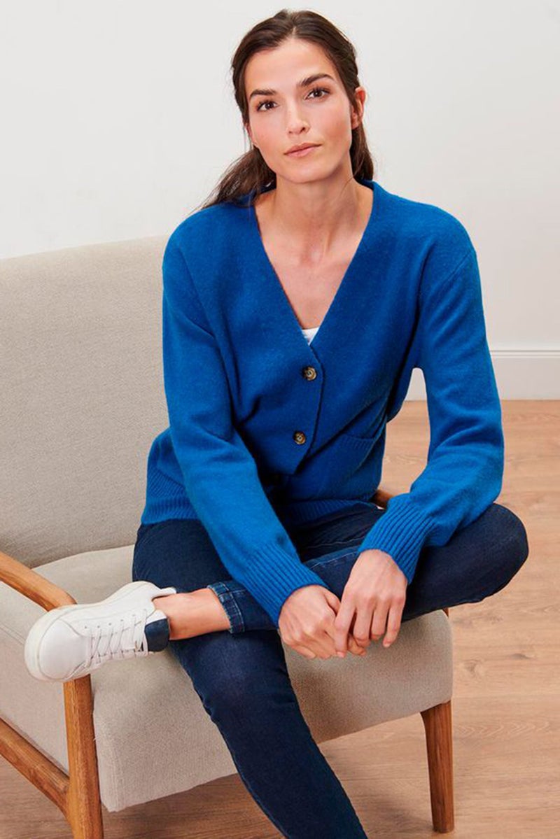 Women V-Neck Knitted Cardigan, Blue