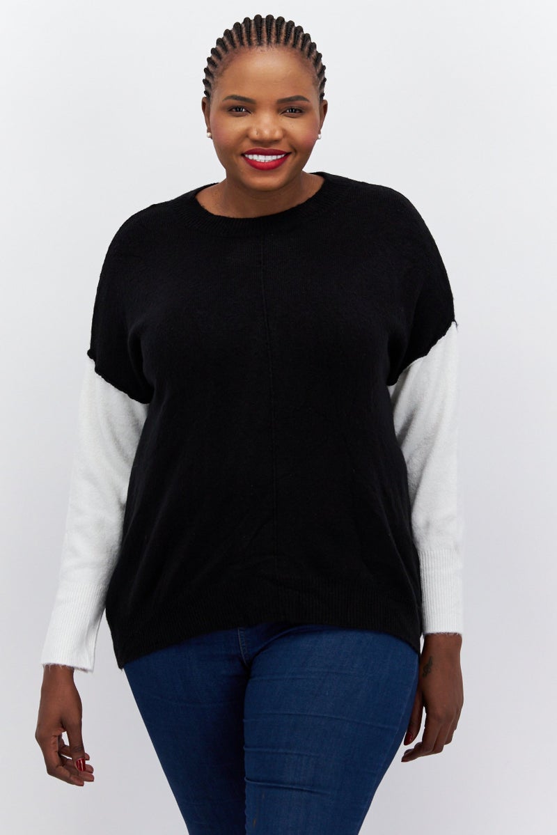 Women Plus Size Round Neck Long Sleeve Knitted Sweater, Black/White