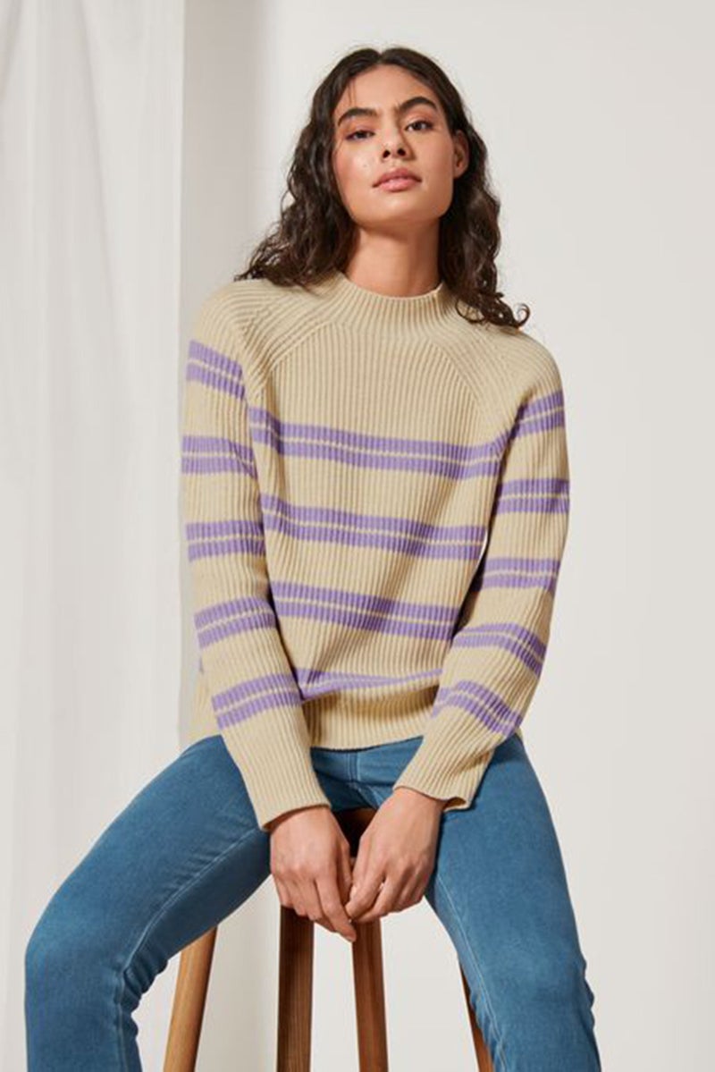 Women Stripe Knitted Sweater, Cream