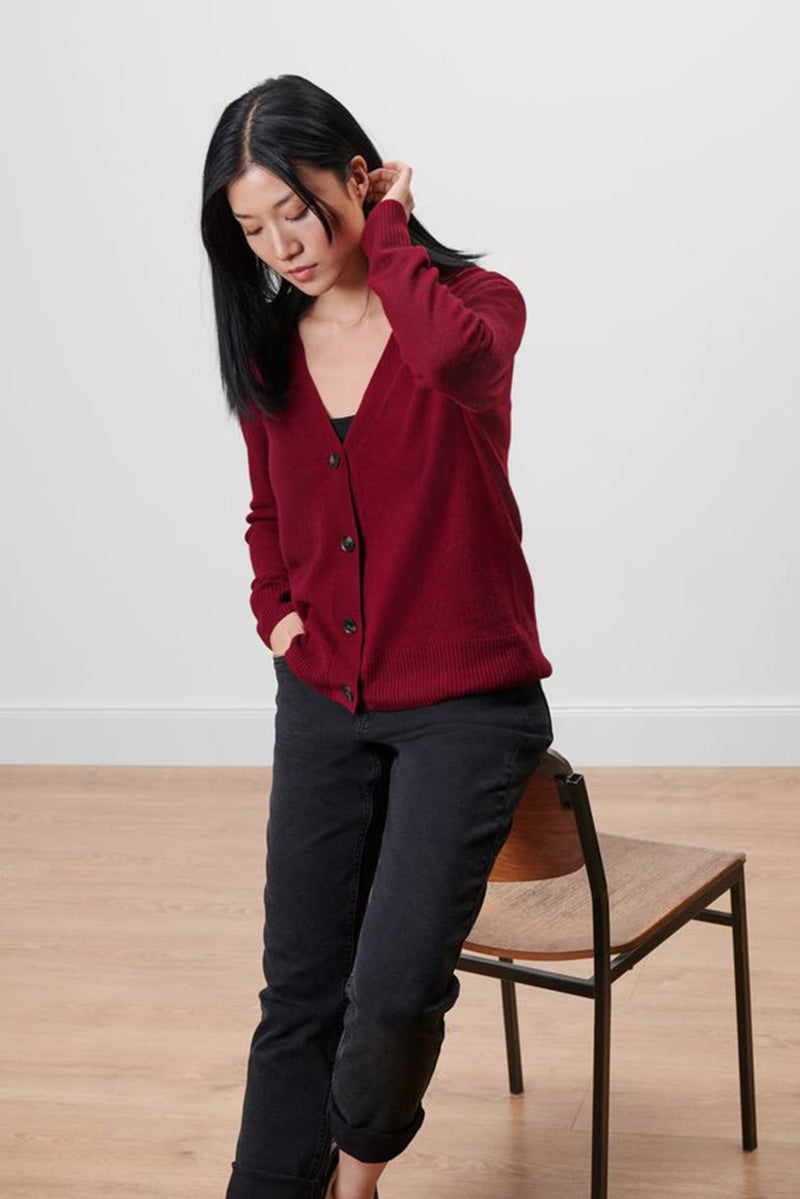 Women V Neck Long Sleeve Knitted Cardigan, Red