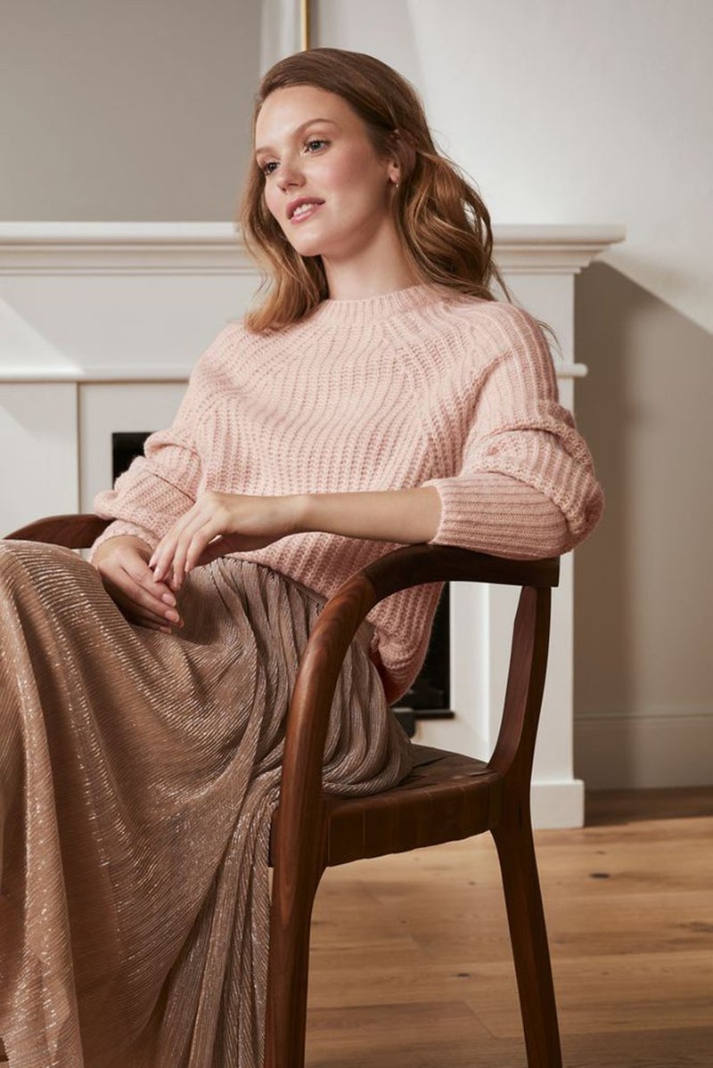 Women Round Neck Chunky Knit Sweater, Rose Pink