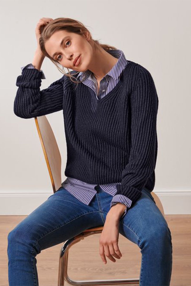 Women V Neck Knitted Sweater, Navy