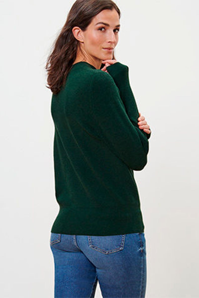 Women Crew Neck Long Sleeve Textured Sweater, Dark Green