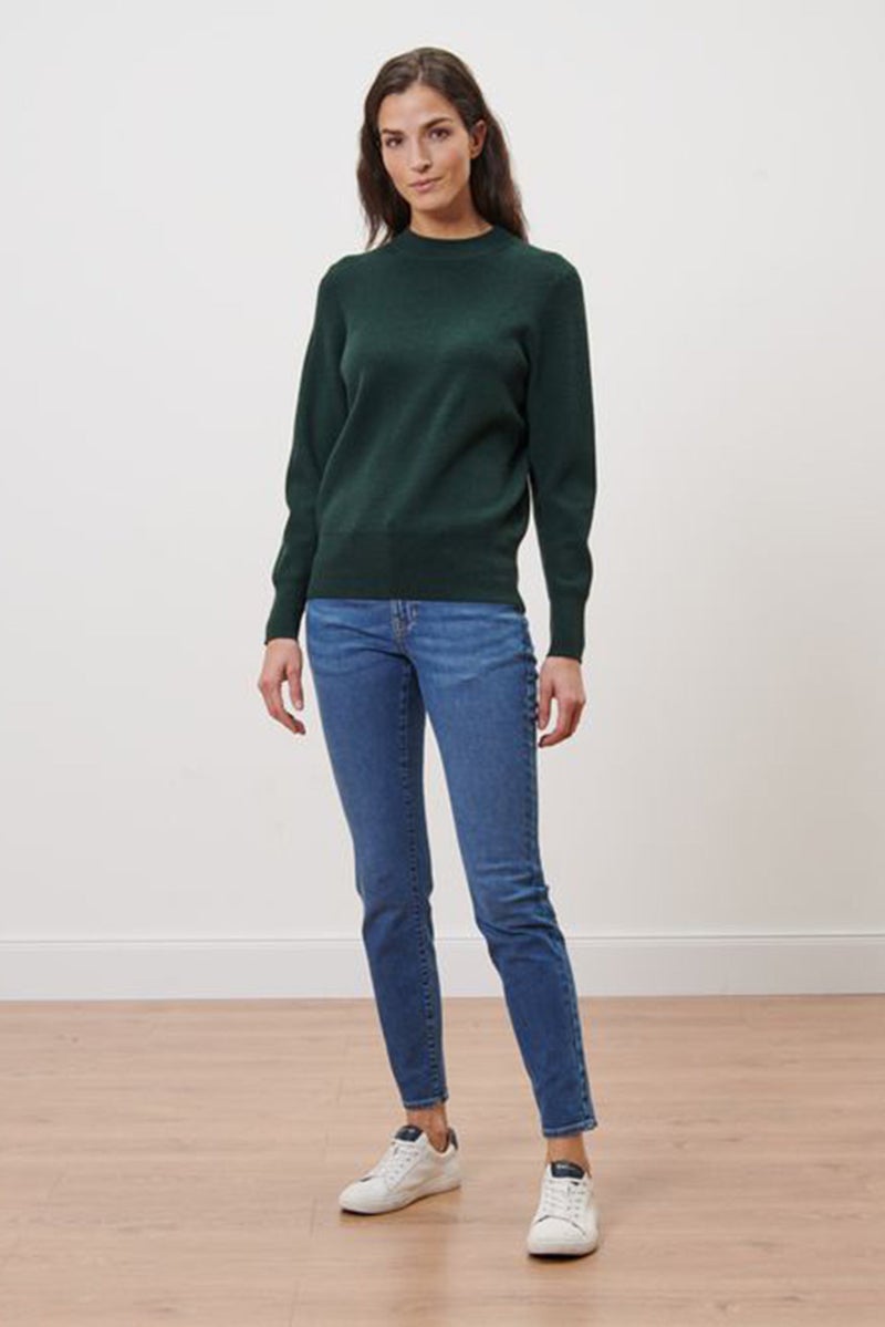 Women Crew Neck Long Sleeve Textured Sweater, Dark Green