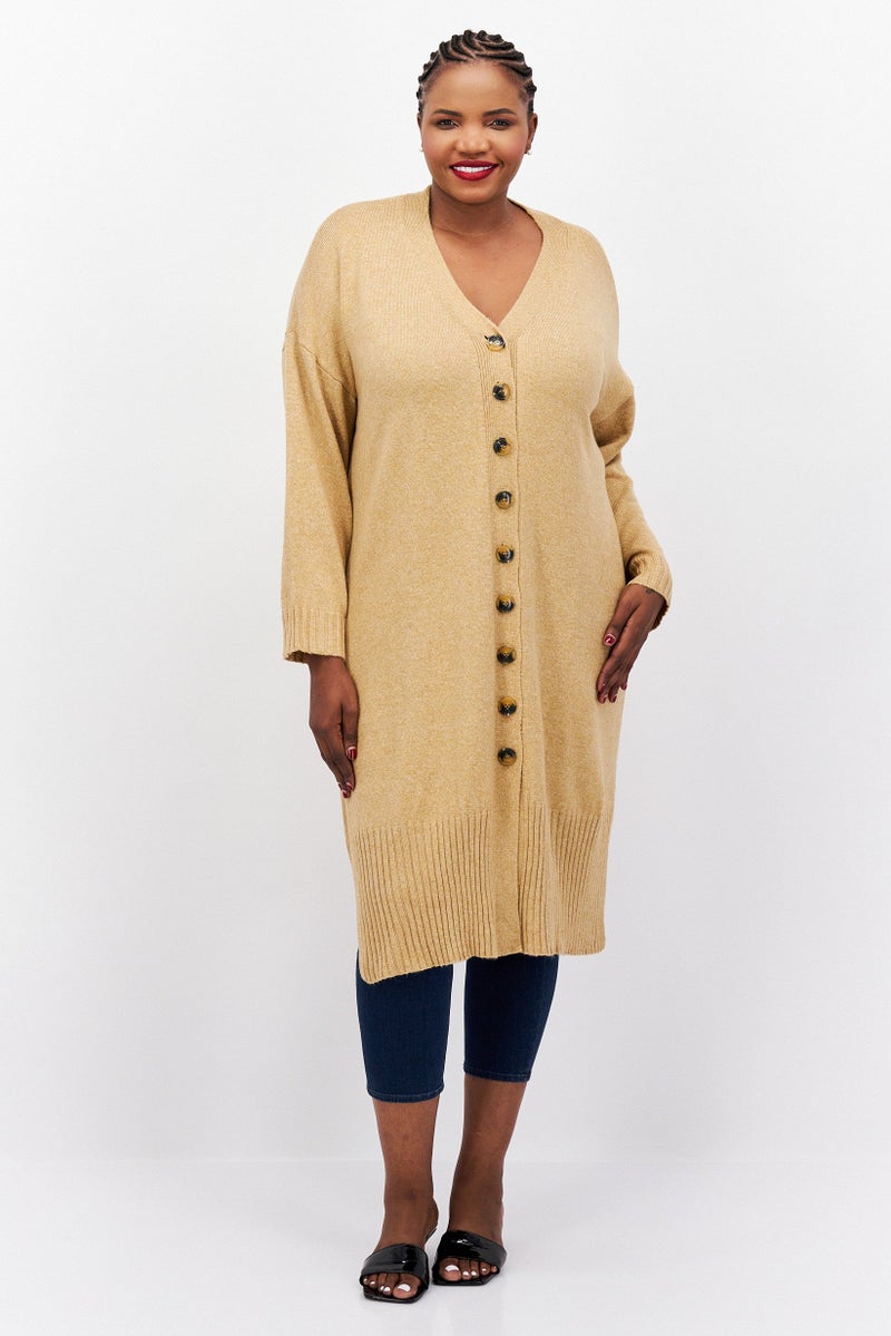 Women Plus Size V-Neck Long Sleeve Textured Long Sweater, Brown Heather