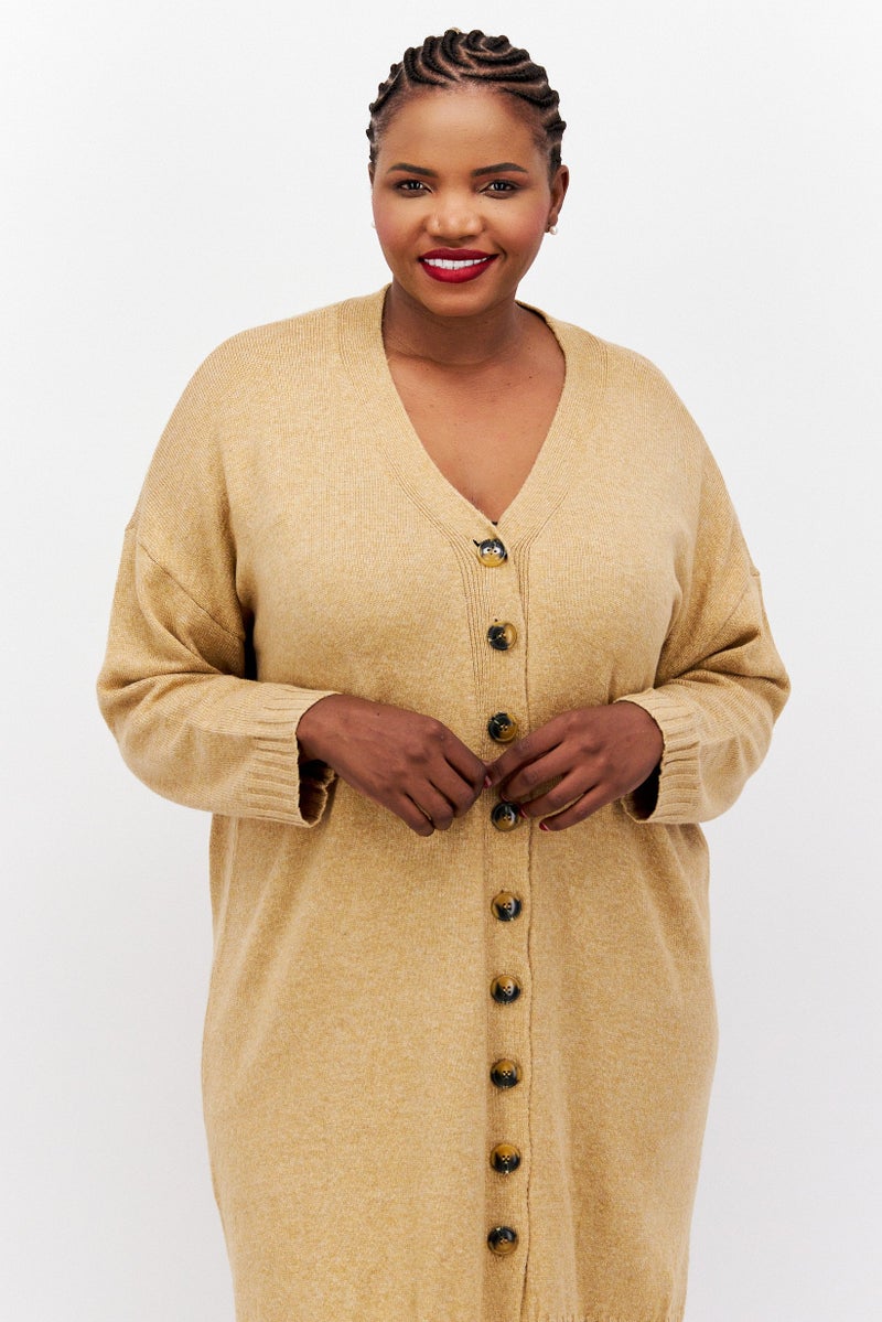 Women Plus Size V-Neck Long Sleeve Textured Long Sweater, Brown Heather