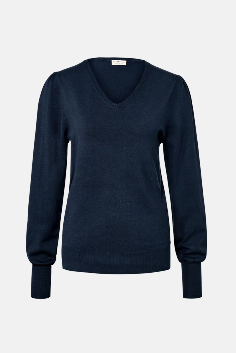 Women V-Neck Textured Sweater, Navy Blue