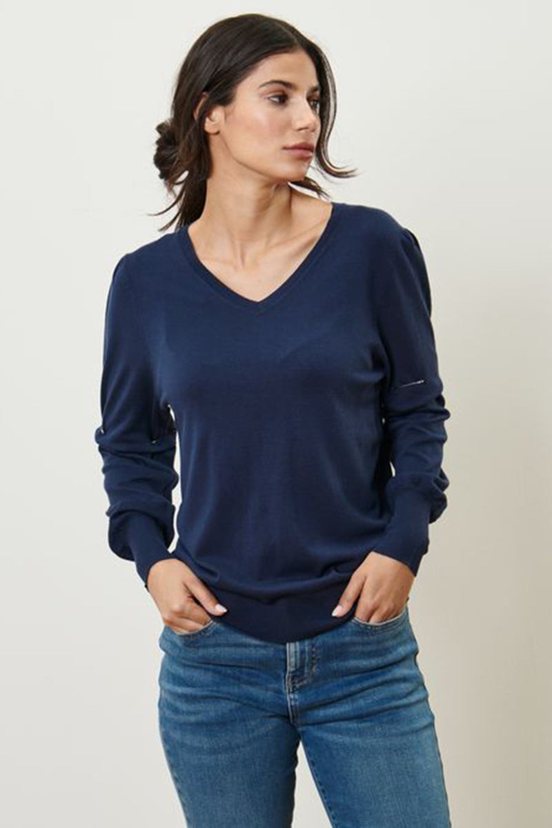 Women V-Neck Textured Sweater, Navy Blue