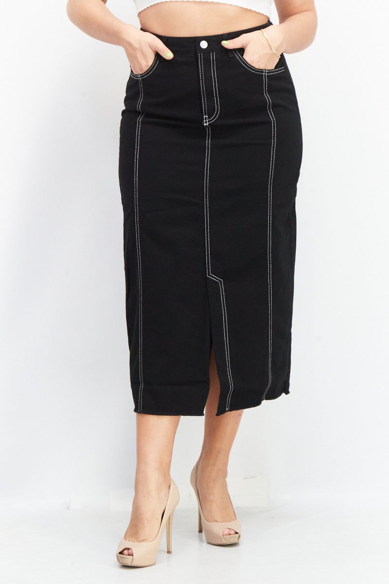 Women Pull On Quilted Midi Skirts, Black