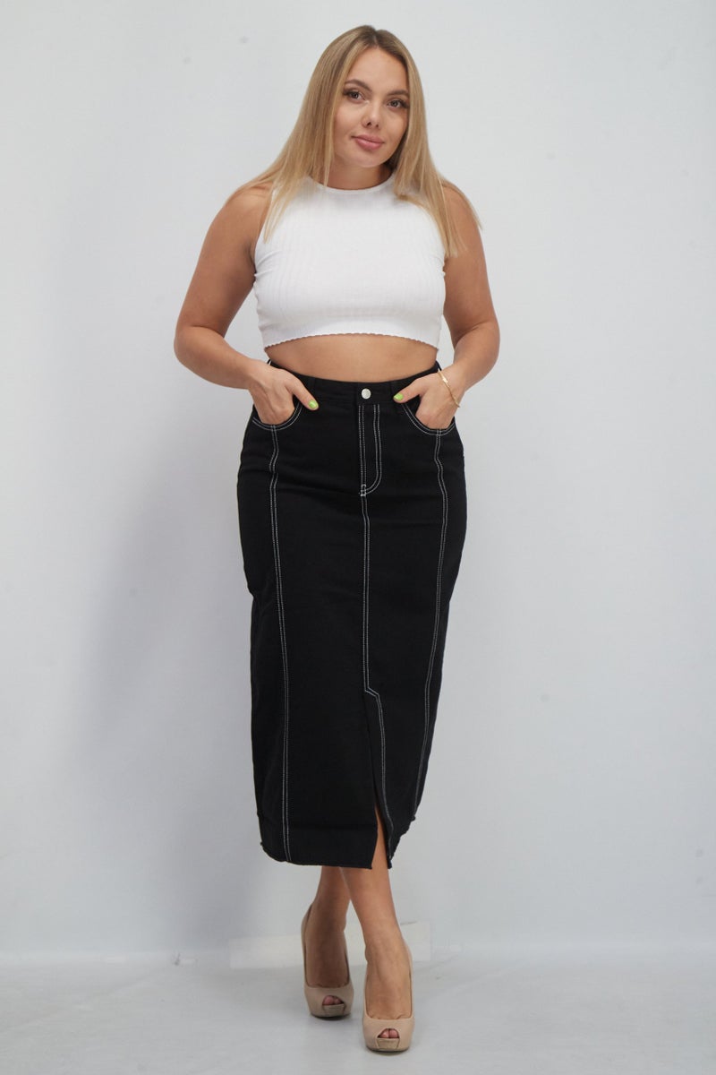 Women Pull On Quilted Midi Skirts, Black