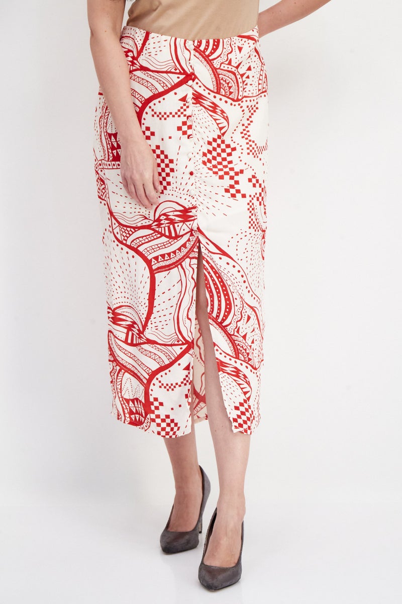 Women All Over Print Midi Skirts, Red Combo