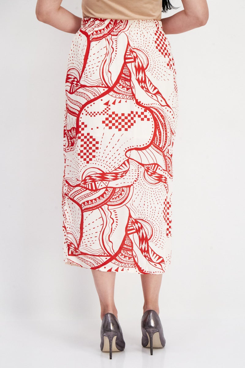 Women All Over Print Midi Skirts, Red Combo