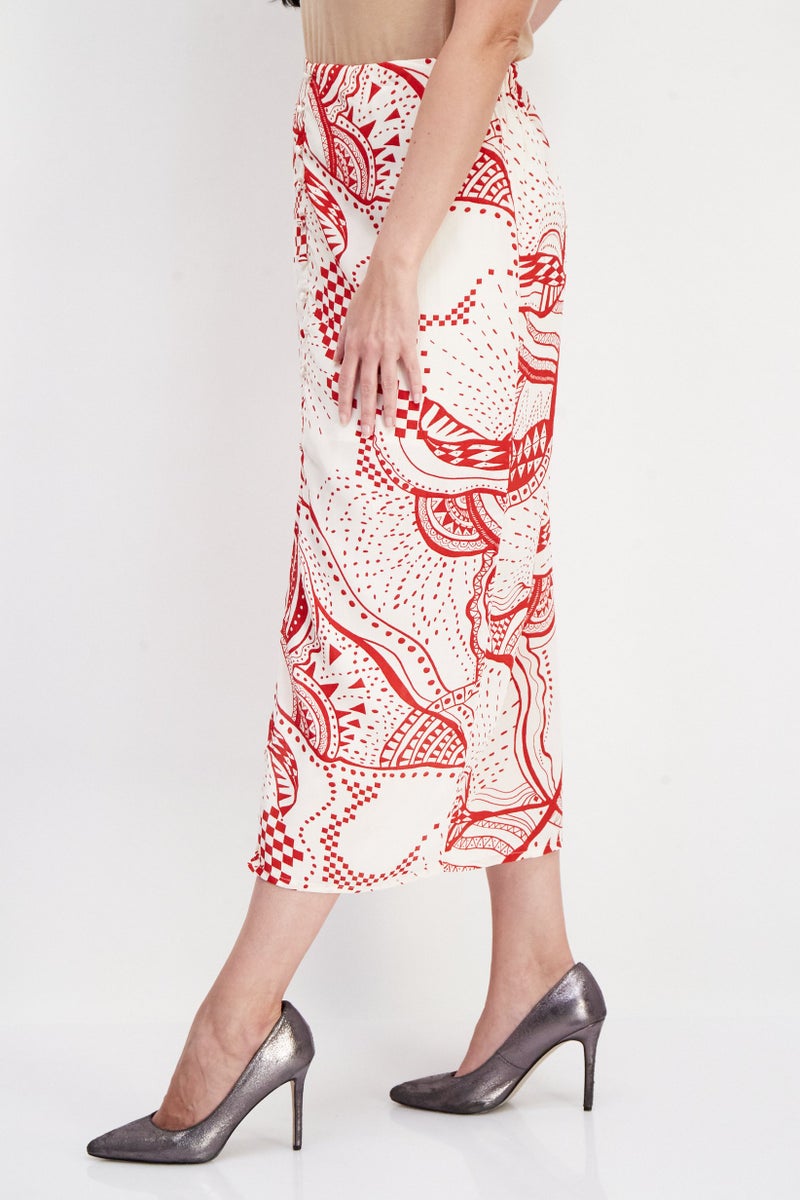 Women All Over Print Midi Skirts, Red Combo