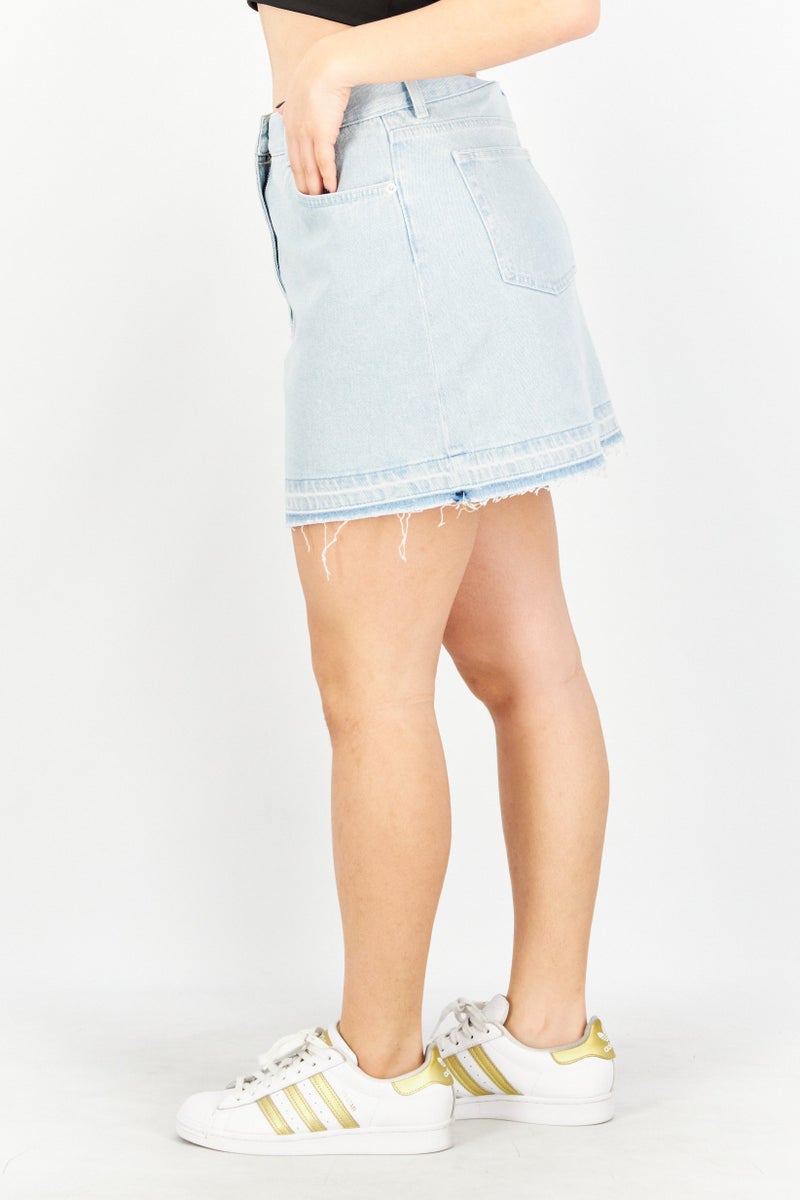 Women Washed Denim Mini Skirt, Blue