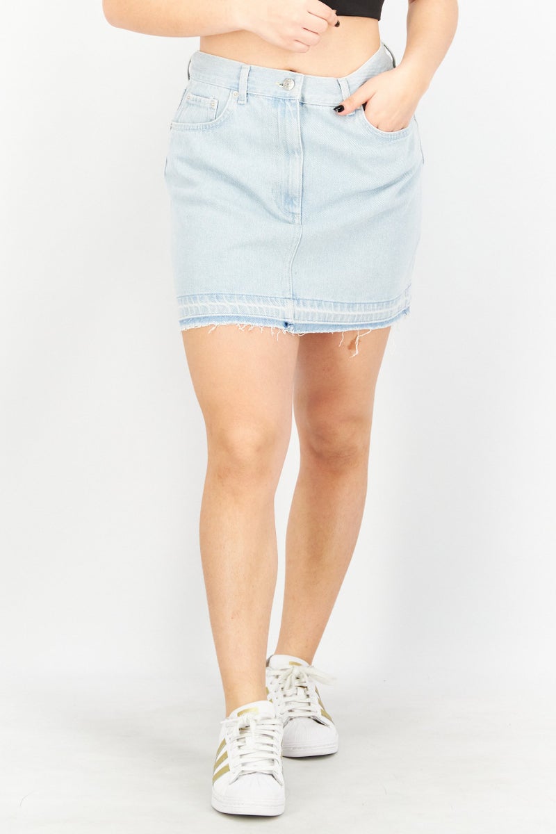 Women Washed Denim Mini Skirt, Blue