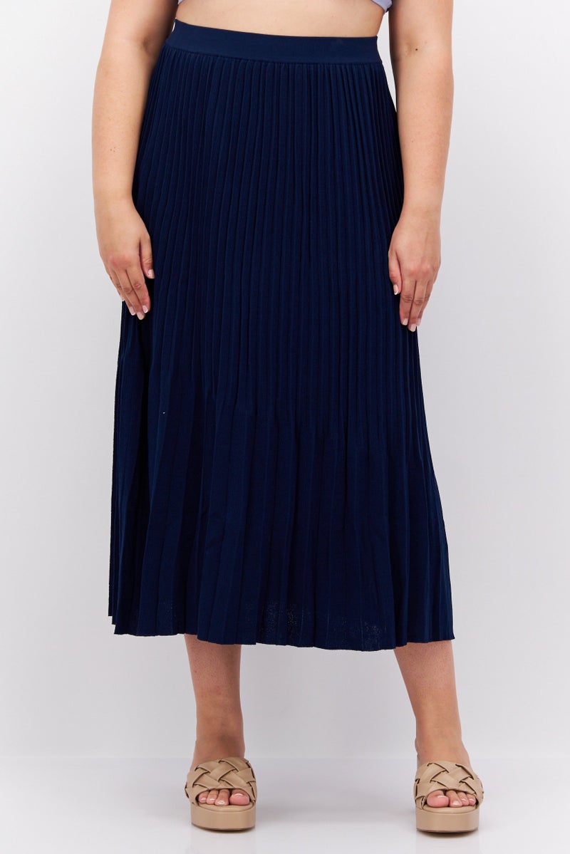 Women Textured Casual Midi Skirt, Navy