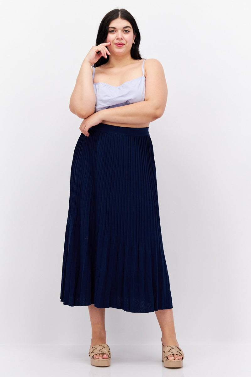 Women Textured Casual Midi Skirt, Navy