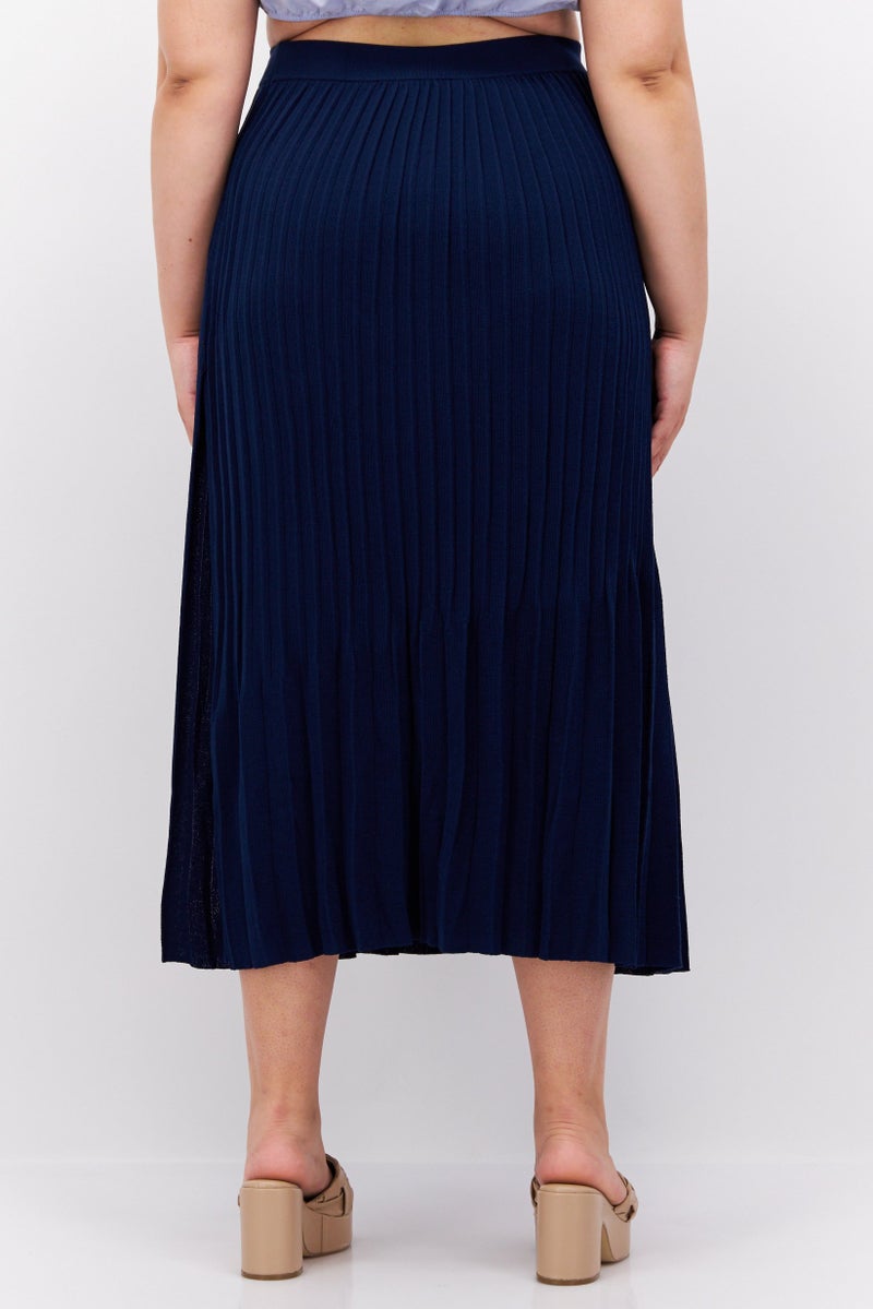 Women Textured Casual Midi Skirt, Navy