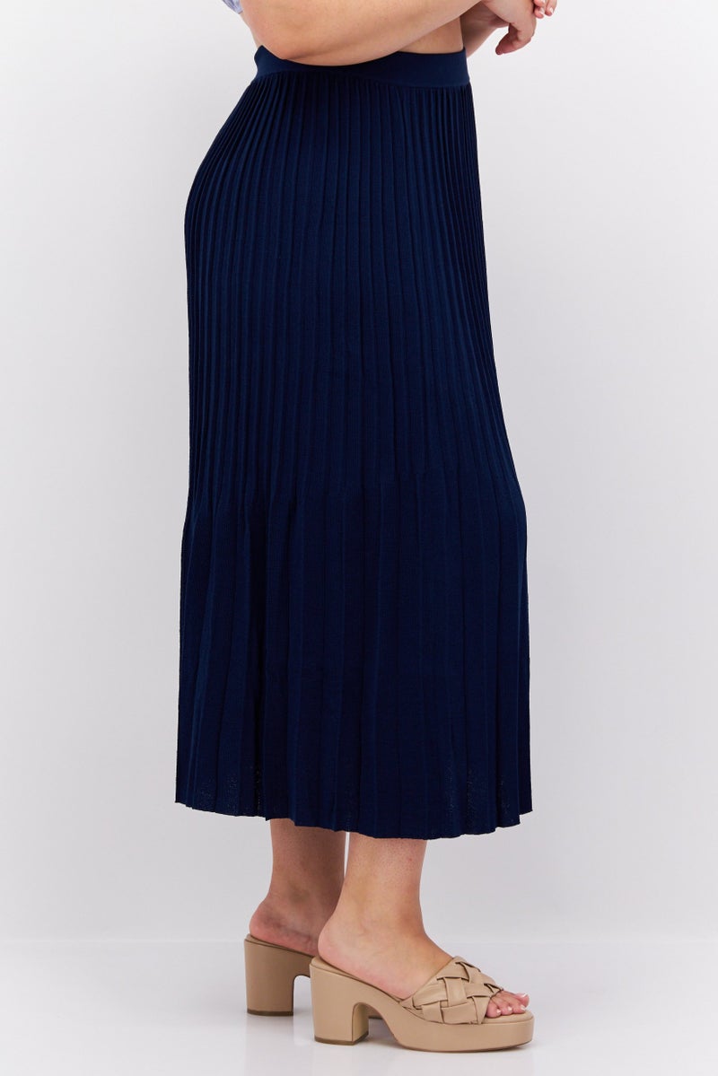 Women Textured Casual Midi Skirt, Navy