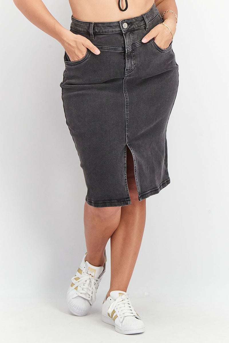 Women Washed Front Slit Denim Midi Skirt, Black