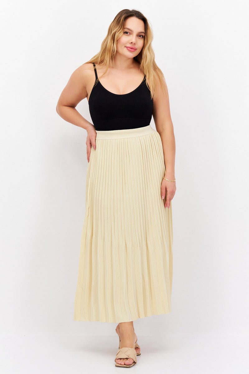 Women Pleated Midi Skirt, Beige